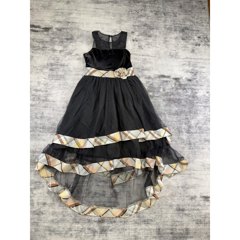 Bonnie Jean Girls Black Velvet Tulle High Low Plaid Trim Dress Size 10 Holiday